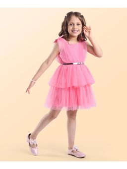 Hola Bonita - Knit Sleeveless Mesh Fabric Solid Dress with Belt