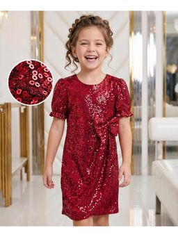Hola Bonita - Knit Half Sleeves Party Dress with Sequin Detailing and Bow Applique