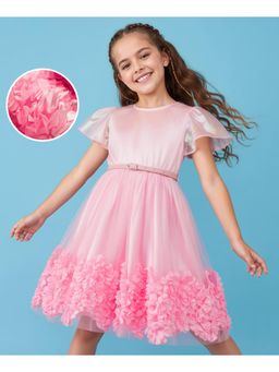 Hola Bonita - Knit Half Sleeves Shimmer Yoke with Flower Mesh Dress and Belt