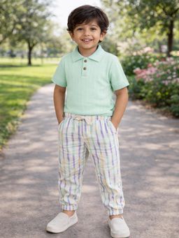 Mi Arcus - Cotton Solid T shirt And Stripes Pattern Joggers Set