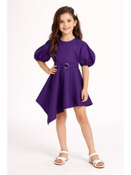 PICCOLO - Satin Solid Purple Puff Sleeve Belted Dress-Purple