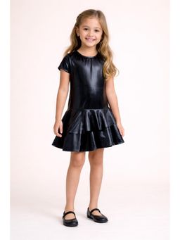 PICCOLO - Black Faux Leather Blouson Dress with Layered Ruffle