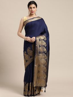 Mimosa - Women's Kanjivaram Art Silk Navy Blue Saree with Unstitched Blouse