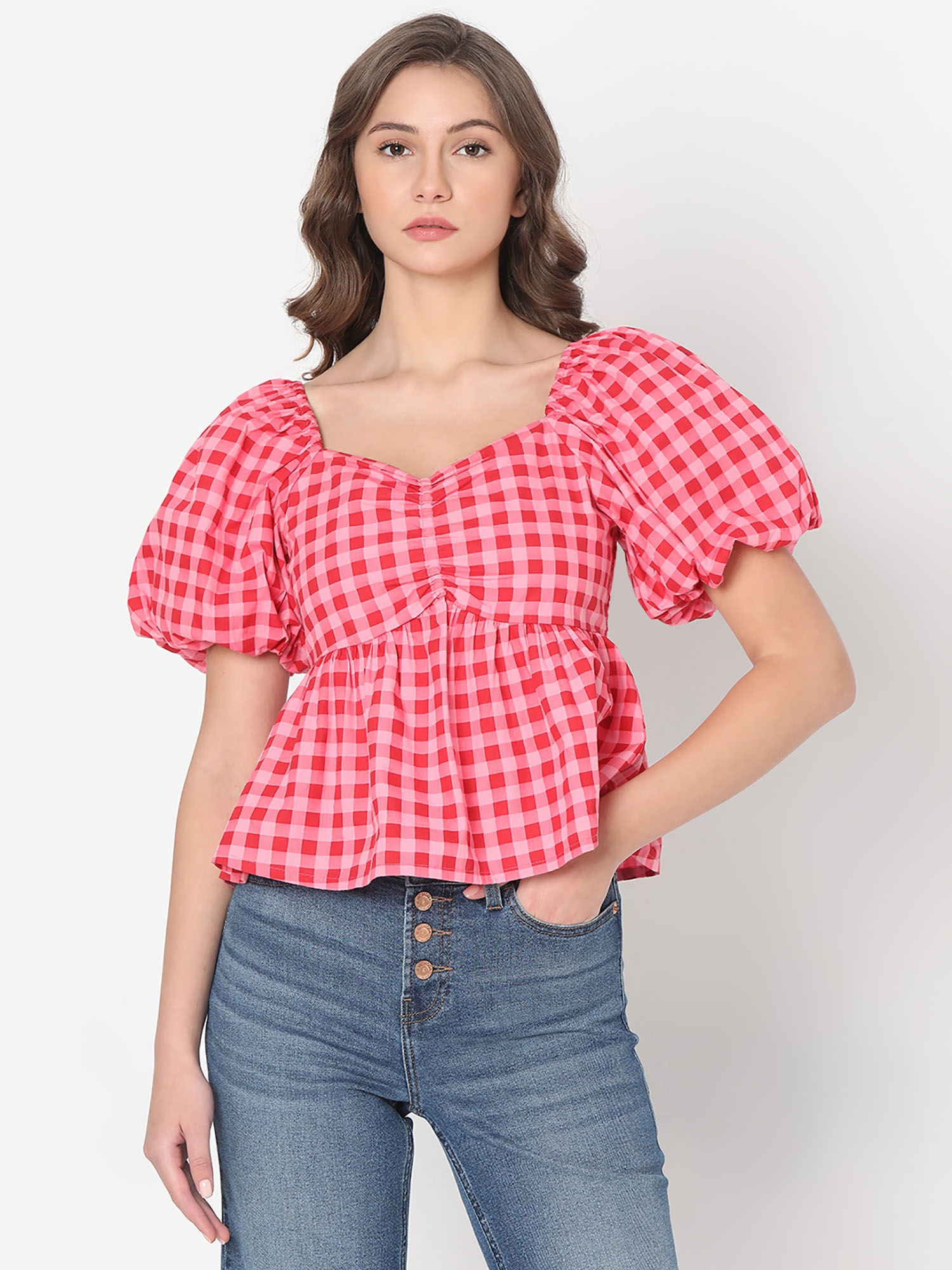 Buy VERO MODA Pink Check Peplum Crop Top Online
