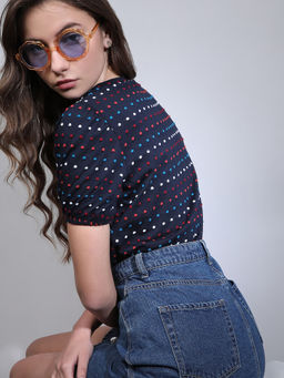 VERO MODA - Navy Blue Textured Polka Dots T-Shirt