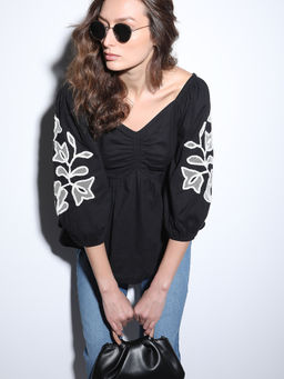 VERO MODA - Black Floral Embroidered Top