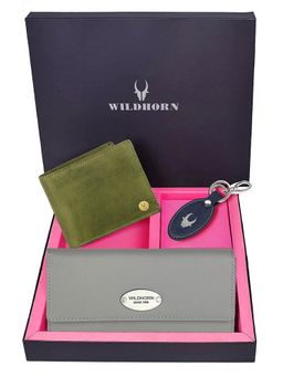WILDHORN - Premium Leather Ladies Wallet, Mens Wallet and Keychain Gift -1K_GR_2052GNH_K (Set of 3)