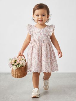R&B - Girls White Floral Print Pure Cotton Flutter Sleeves Fit and Flare Dress