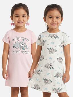 R&B - Girls Multi Sloth Graphic Print Pure Cotton Short Sleeves A-Line Dress