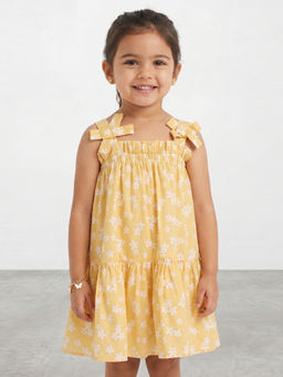 R&B - Girls Yellow Floral Print Pure Cotton Sleeveless A-Line Dress