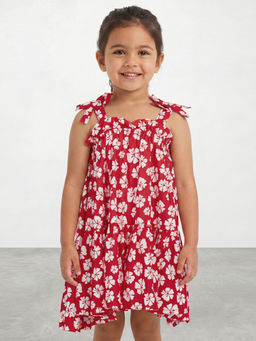 R&B - Girls Red Floral Print Pure Cotton Sleeveless A-Line Dress