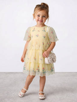 R&B - Girl Yellow Embroidery Floral Flared Sleeves Fit and Flare Dress