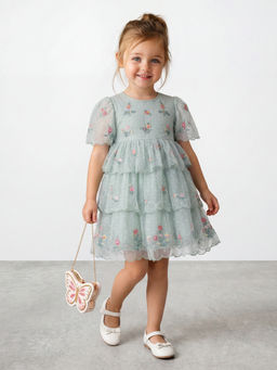 R&B - Girl Green Embroidery Floral Flutter Sleeves Fit and Flare Dress