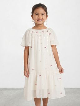 R&B - Girls White Embroidery Floral Pure Cotton Flutter Sleeves A-Line Dress