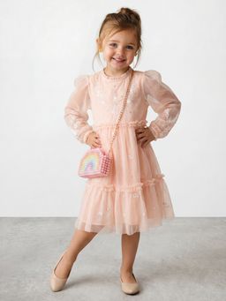R&B - Girls Orange Embroidery Floral Long Sleeves Fit and Flare Dress