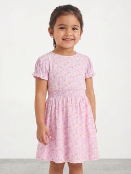 R&B - Girls Purple Floral Print Puff Sleeves Fit and Flare Dress