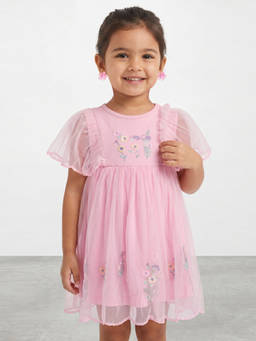 R&B - Girl Pink Embroidery Floral Flutter Sleeves A-Line Dress