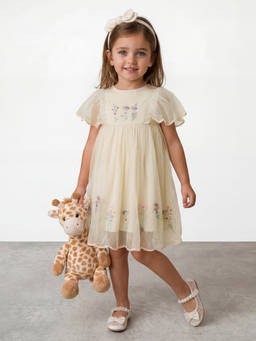R&B - Girls White Embroidery Floral Flutter Sleeves A-Line Dress