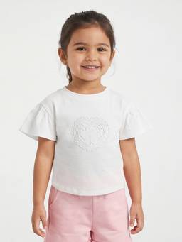 R&B - Girls White Regular Fit Self Design Short Sleeve T-shirt
