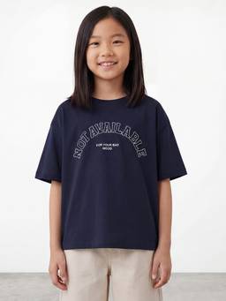 R&B - Girls Navy Blue Regular Fit Typography Short Sleeve T-shirt