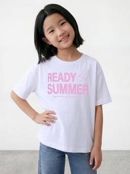 R&B - Girls White Regular Fit Typography Short Sleeve T-shirt