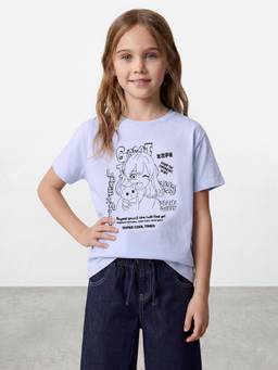 R&B - Girls Blue Regular Fit Kawaii Print Short Sleeve T-shirt