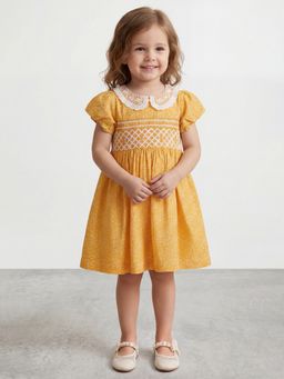 R&B - Girls Yellow Floral Print Pure Cotton Puff Sleeves Fit and Flare Dress