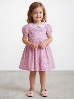 R&B - Girls Pink Floral Print Pure Cotton Puff Sleeves Fit and Flare Dress
