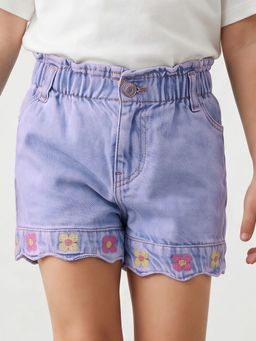 R&B - Girls Blue Embroidered Mid Rise Pure Cotton Denim Shorts