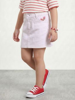 R&B - Girls White Embroidered Pocket Mid Waist Mini Denim Skirt