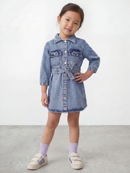 R&B - Girl Blue Solid Pure Cotton Short Sleeves Denim Shirt Dress