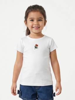 R&B - Girls White Regular Fit Floral Embroidered Short Sleeve T-shirt
