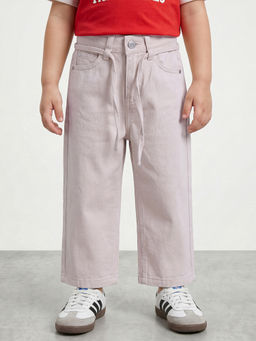 R&B - Girls Beige Wide Leg Solid Mid-Rise Cotton Trouser