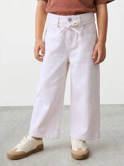 R&B - Girls White Wide Leg Solid Mid-Rise Cotton Trouser