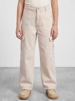 R&B - Girls Beige Wide Leg Solid Mid-Rise Cotton Trouser