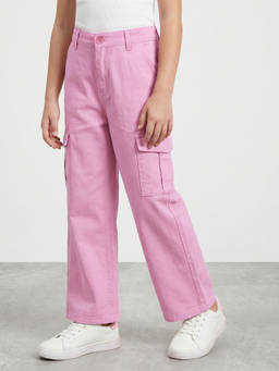 R&B - Girls Pink Wide Leg Solid Mid-Rise Cotton Trouser