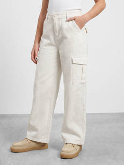 R&B - Girls Cream Wide Leg Solid Mid-Rise Cotton Trouser