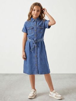 R&B - Girl Blue Regular Fit Solid Short Sleeves Denim Shirt Dress