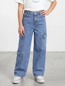R&B - Girls Blue Regular Fit Solid Mid-Rise Cotton Jeans