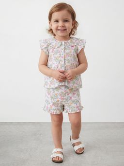 R&B - Girls White Floral Pure Cotton Short Sleeves Co-Ord Set