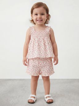 R&B - Girls Pink Floral Pure Cotton Sleeveless Co-Ord Set
