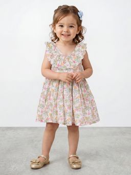 R&B - Girls White Floral Butterfly Print Pure Cotton Sleeveless Fit and Flare Dress