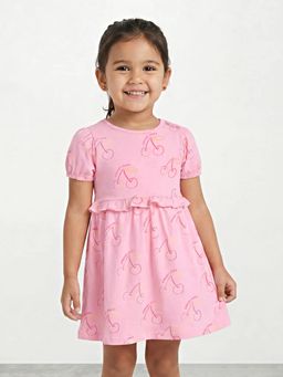 R&B - Girl Pink Cherry Print Pure Cotton Puff Sleeves Fit and Flare Dress