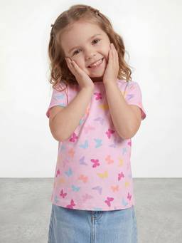 R&B - Girls Pink Regular Fit Butterfly Print Short Sleeve T-shirt