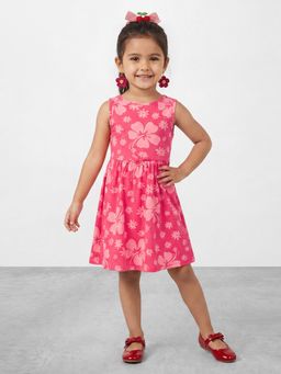 R&B - Girl Pink Floral Print Pure Cotton Sleeveless Fit and Flare Dress