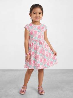 R&B - Girls Pink Pearl Pattern Pure Cotton Short Sleeves Fit and Flare Dress