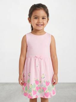 R&B - Girls Pink Strawberry Print Pure Cotton Sleeveless Fit and Flare Dress
