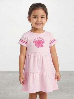 R&B - Girls Pink Floral Print Pure Cotton Short Sleeves Fit and Flare Dress