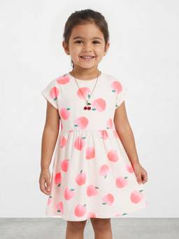 R&B - Girls Yellow Printed Pure Cotton Short Sleeves Fit and Flare Dress
