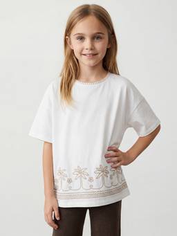 R&B - Girls White Regular Fit Tree Embroidered Short Sleeve T-shirt